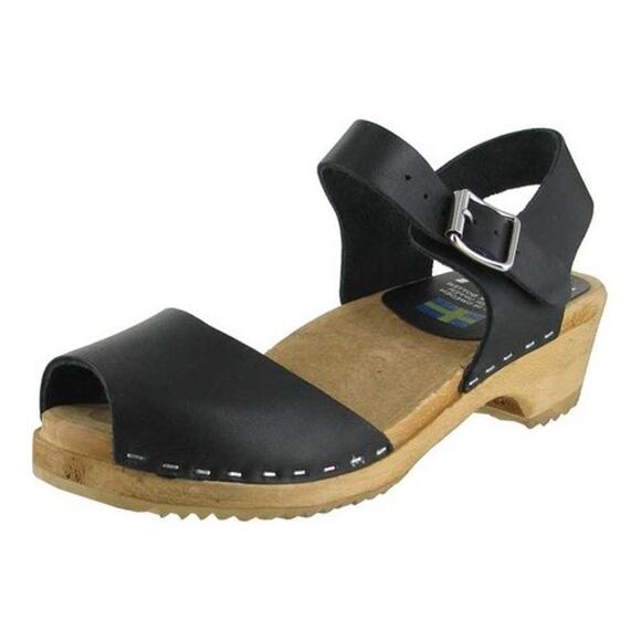 MIA Womens ANJA Clogs EU 37 US 6.5 Black Leather Wooden Heel Peep Toe NIB - Picture 1 of 11